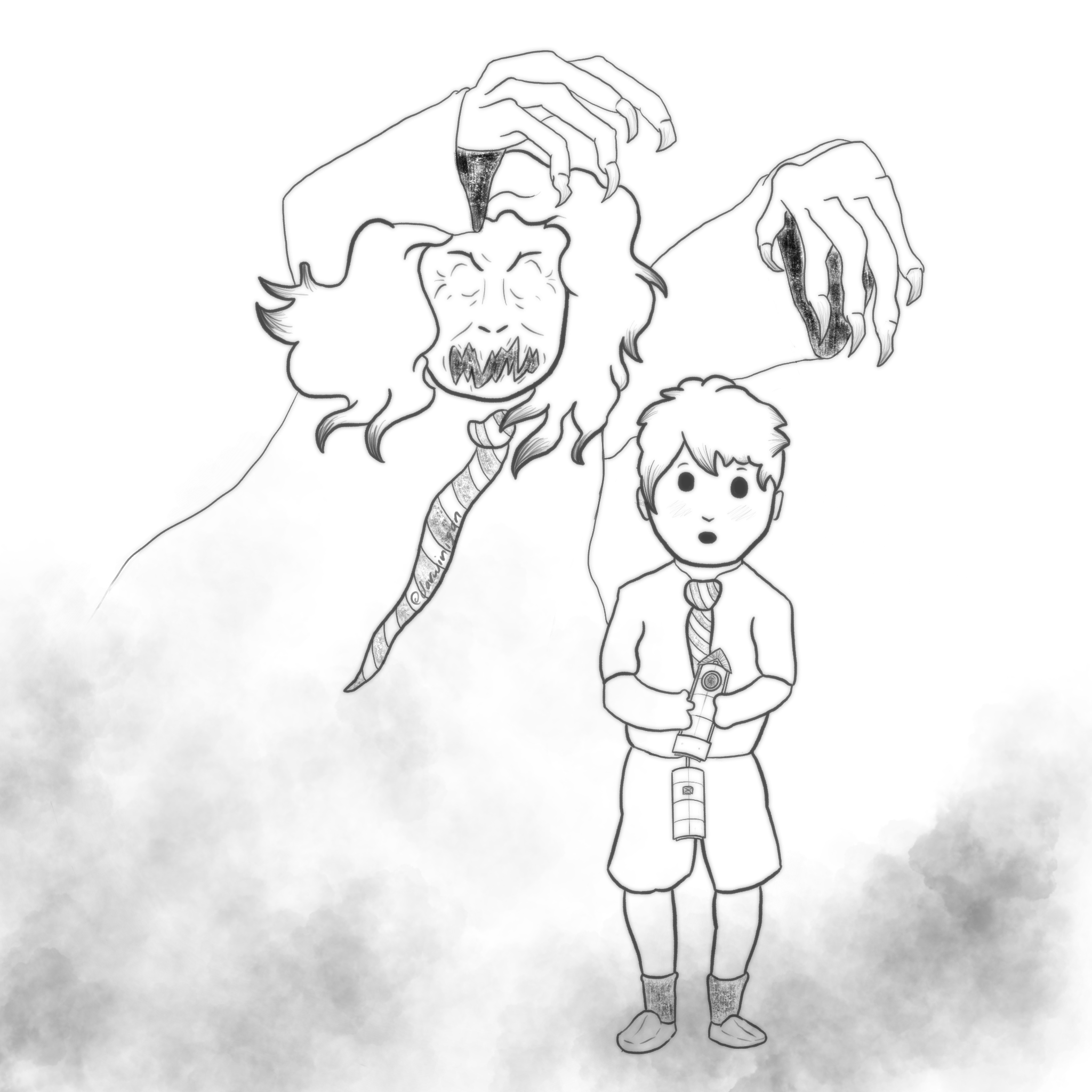 transparent img of a child ghost asking for his train in French, with a scary old man ghost behind him.