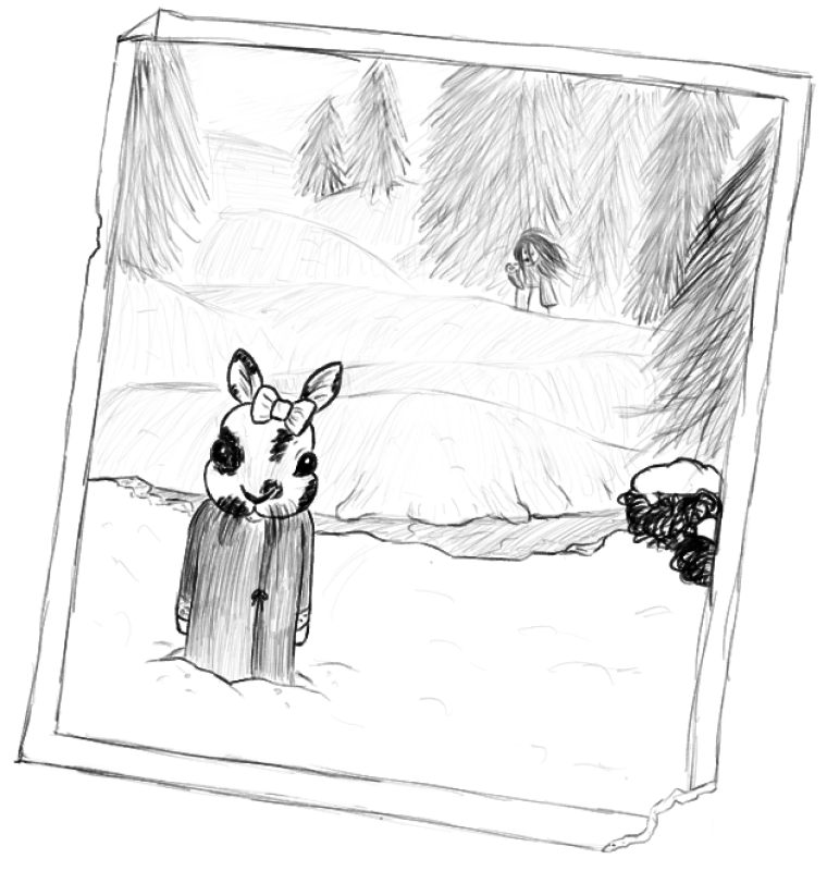 my OC, Kanna, in a photograph as a child with a malevolent spirit behind her