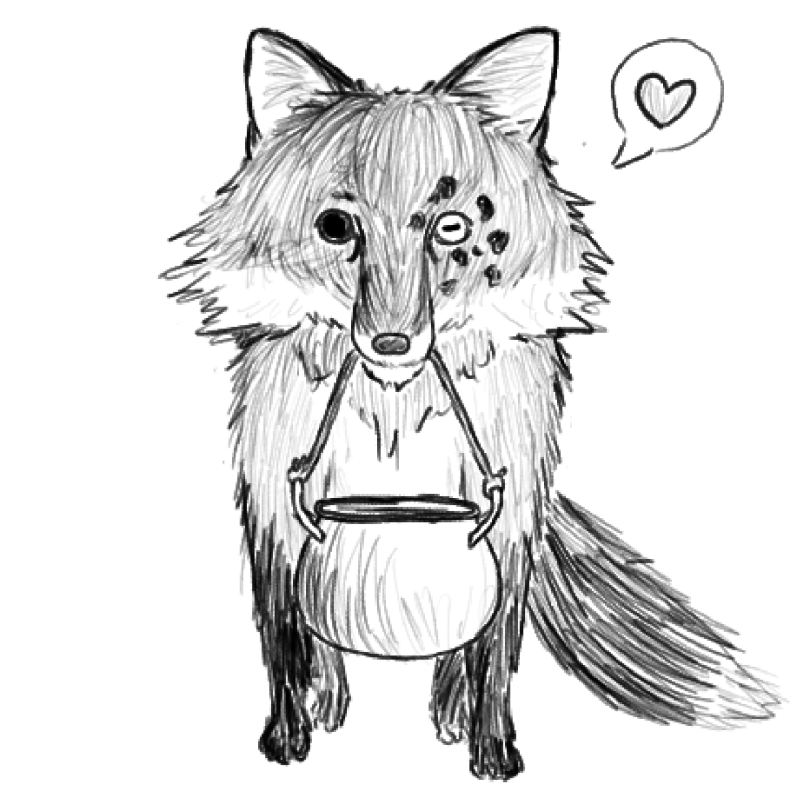 a fox holding a cauldron on a rope; one eye is that of a frog