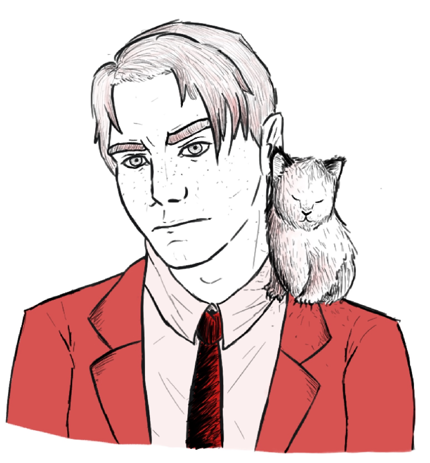 my OCs, Fred (the human) and Myra (the cat). Myra is perched on Fred's shoulder. Fred is unhappy.